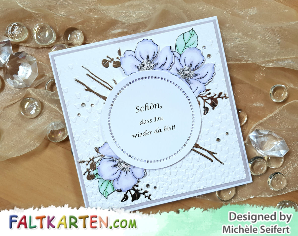 Altenew - Modern Anemone - 4enScrap - Feuillage d’automne #2 – Branchages & feuilles - Spellbinders - Hemstitch Circles - Stampin'Up! - Prägefolder - Blütenregen - Blumen - Copics - Faltkarten.com - Wiedereingliederung - Karte - Schön dass Du wieder da bist