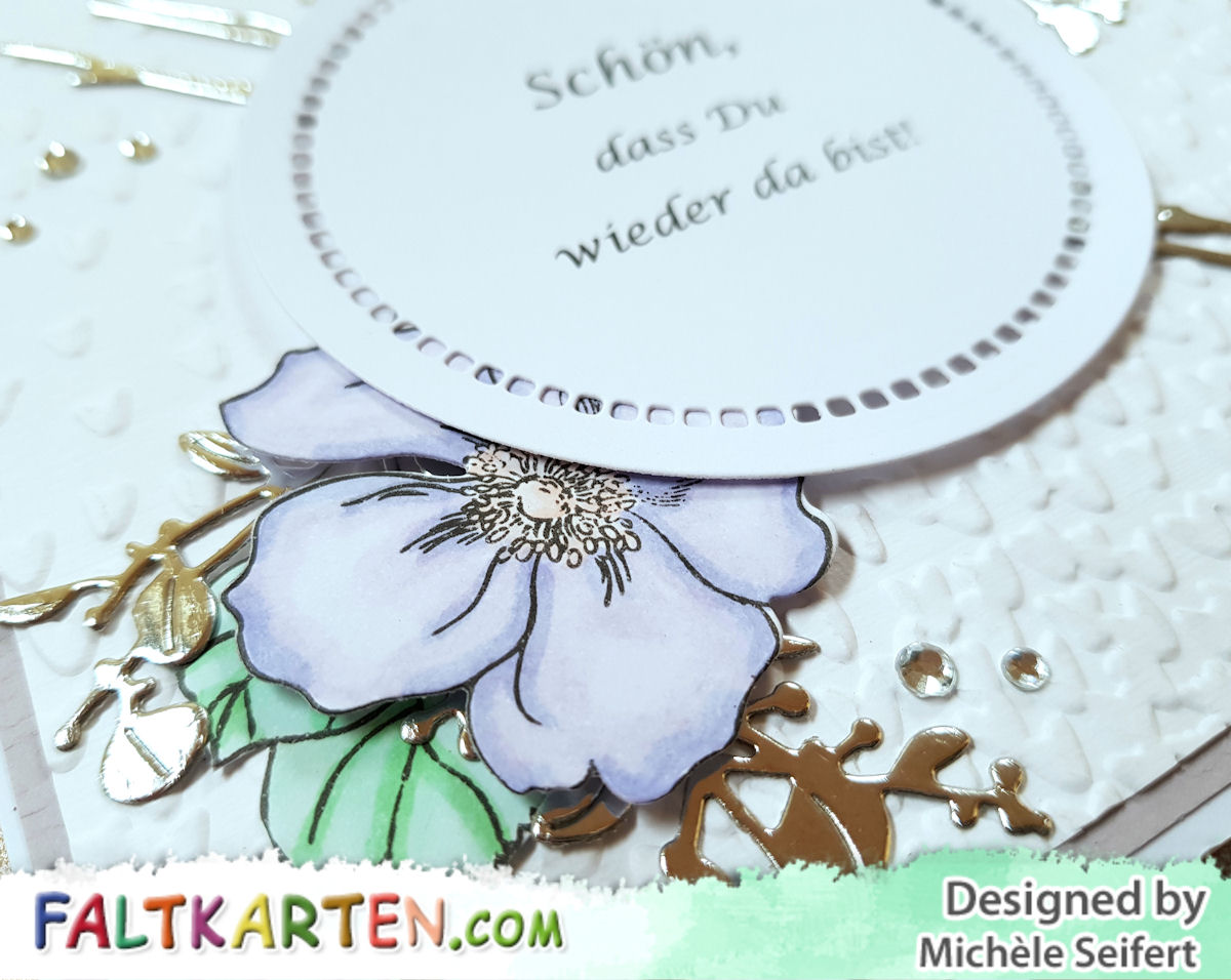 Altenew - Modern Anemone - 4enScrap - Feuillage d’automne #2 – Branchages & feuilles - Spellbinders - Hemstitch Circles - Stampin'Up! - Prägefolder - Blütenregen - Blumen - Copics - Faltkarten.com - Wiedereingliederung - Karte - Schön dass Du wieder da bist