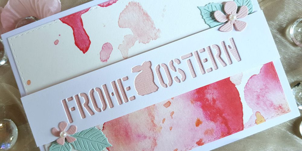 Creative Depot - Frohe Ostern negativ - Design-Papier Aquarell rosa Blüten - 4enScrap - Feuilles exotiques - Feuilles de cerisier - Osterkarte