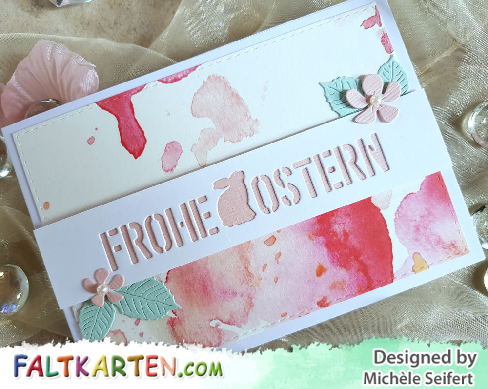 Creative Depot - Frohe Ostern negativ - Design-Papier Aquarell rosa Blüten - 4enScrap - Feuilles exotiques - Feuilles de cerisier - Osterkarte