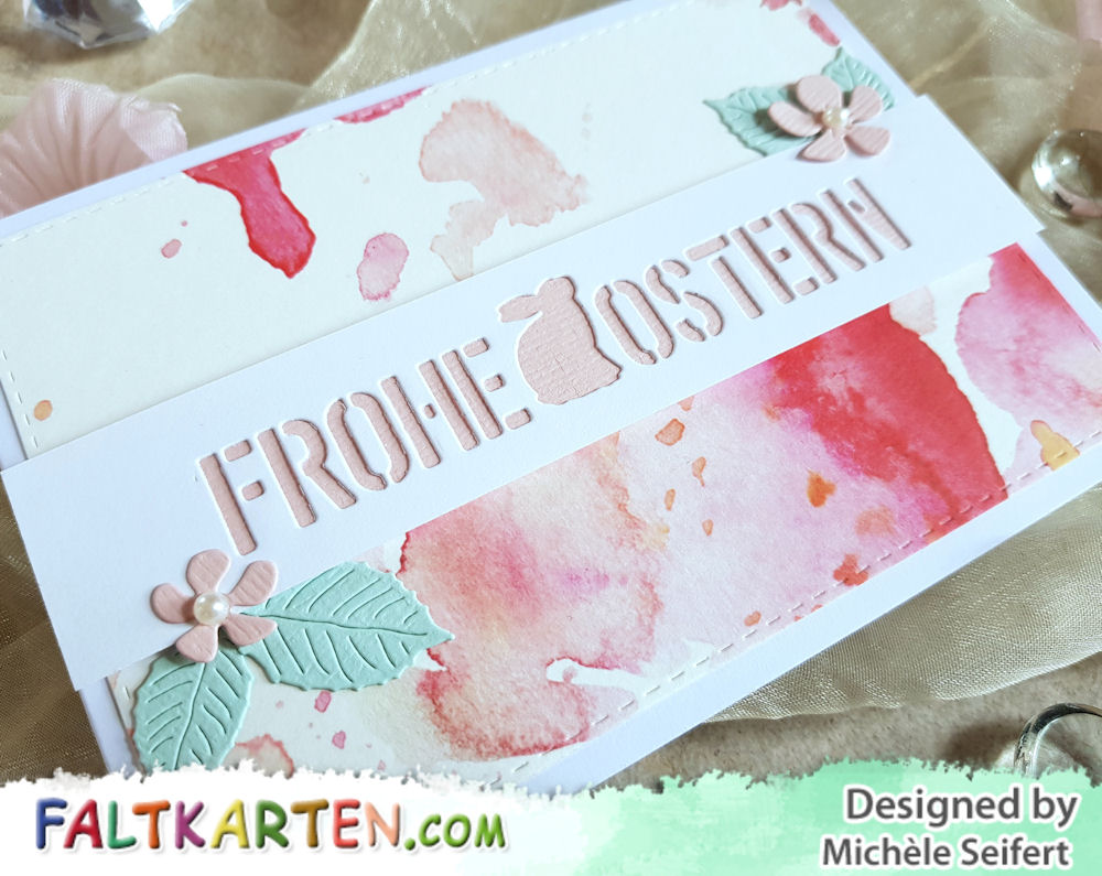 Creative Depot - Frohe Ostern negativ - Design-Papier Aquarell rosa Blüten - 4enScrap - Feuilles exotiques - Feuilles de cerisier - Osterkarte