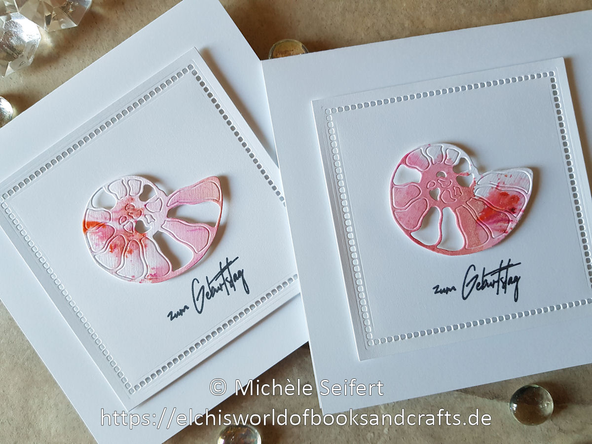 Creative Depot - Nautilus Muschel - Verspätete Grüße - Lindys Gang - Magical Shaker - Alpine Ice Rose - Ooom Pah Pah Pink - Spellbinders - Hemstich Squares - Faltkarten - Cardstock - Geburtstagskarte - maritim