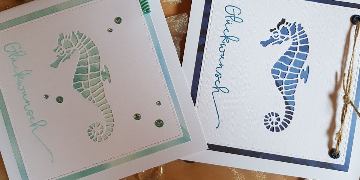 Creative Depot - Seepferdchen - Glückwünsche - Design-Papier - Hintergrund Blaugrün - Hintergrund Dunkelblau - Faltkarten - Cardstock