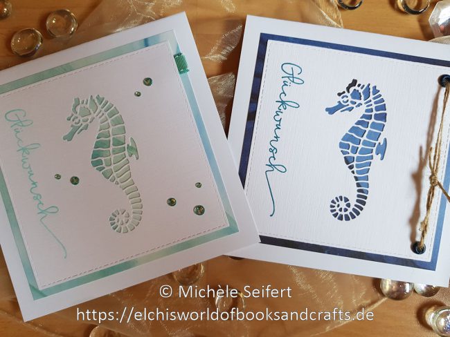 Creative Depot - Seepferdchen - Glückwünsche - Design-Papier - Hintergrund Blaugrün - Hintergrund Dunkelblau - Faltkarten - Cardstock