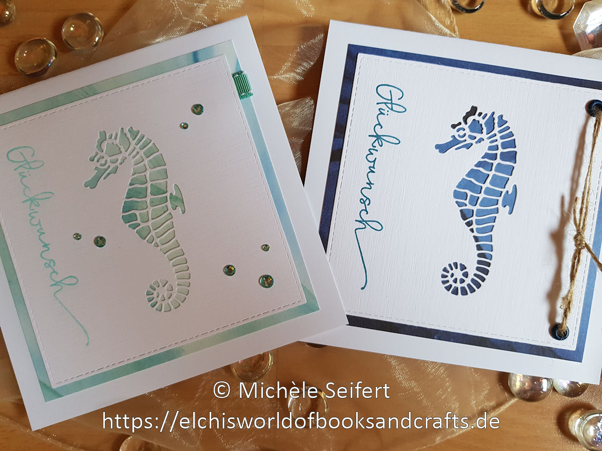 Creative Depot - Seepferdchen - Glückwünsche - Design-Papier - Hintergrund Blaugrün - Hintergrund Dunkelblau - Faltkarten - Cardstock