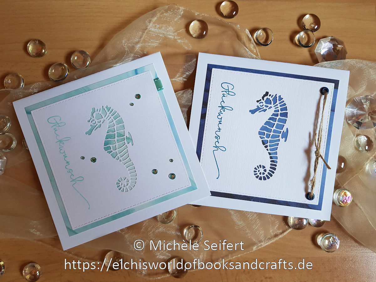 Creative Depot - Seepferdchen - Glückwünsche - Design-Papier - Hintergrund Blaugrün - Hintergrund Dunkelblau - Faltkarten - Cardstock