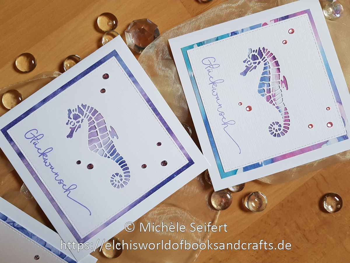 Creative Depot - Seepferdchen - Glückwünsche - Design-Papier - Hintergrund Blaugrün - Hintergrund Dunkelblau - Faltkarten - Cardstock
