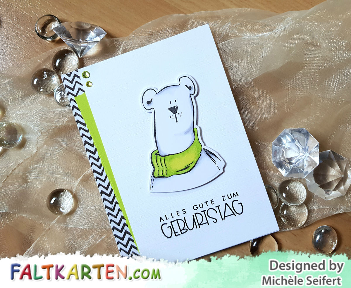 Gummiapan - Isbjörn - Eisbär - Geburtstagskarte - Faltkarten.com - leinen weiß - struktur frühlingsgrün - Copics