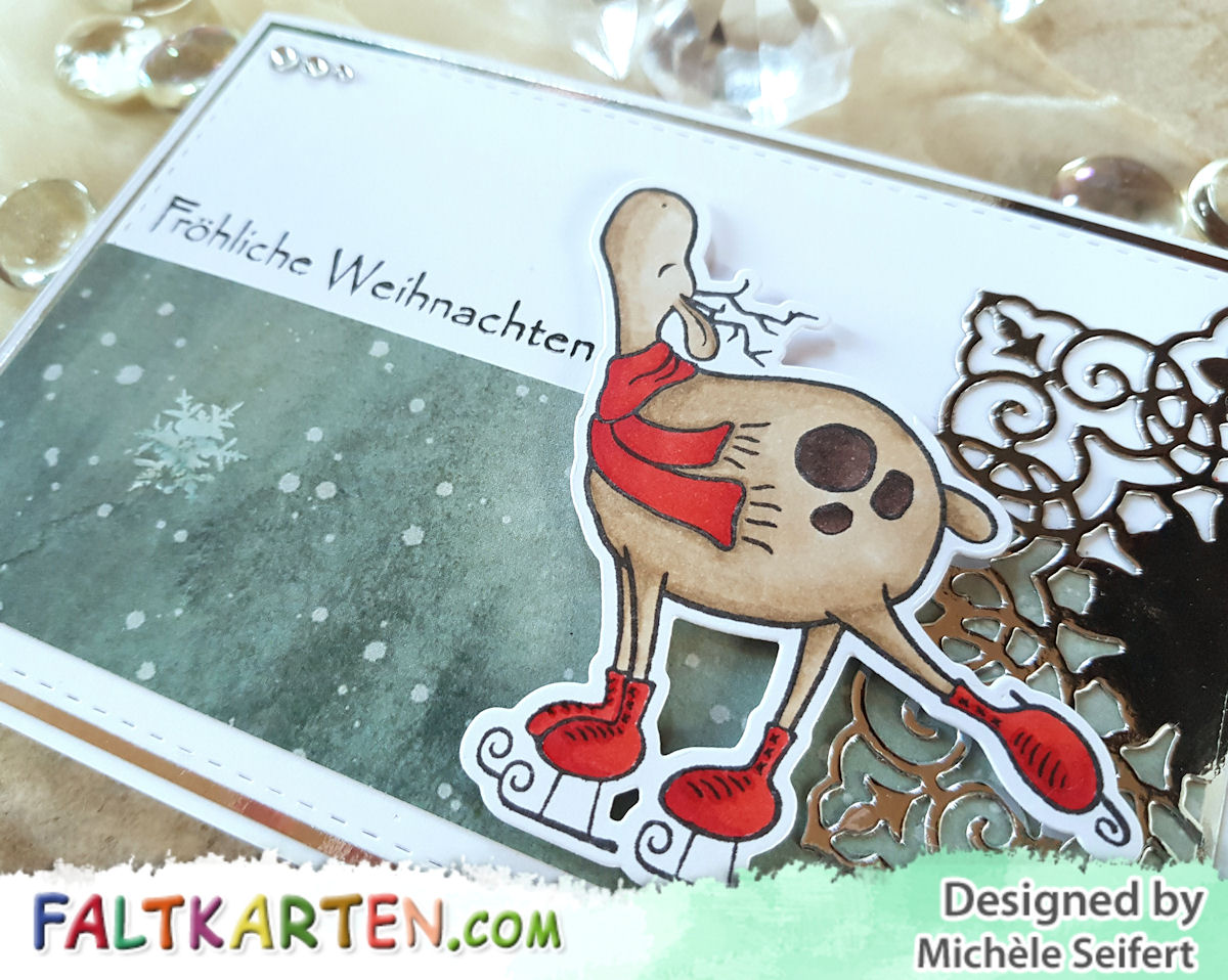 Gummiapan - Skridskoren - Schlittschuh-Rentier - Joy!Crafts - Schneeflocke - Faltkarten.com - Design-Papier - Zauberwald - Spiegelglanzkarton - silber - Weihnachtskarte