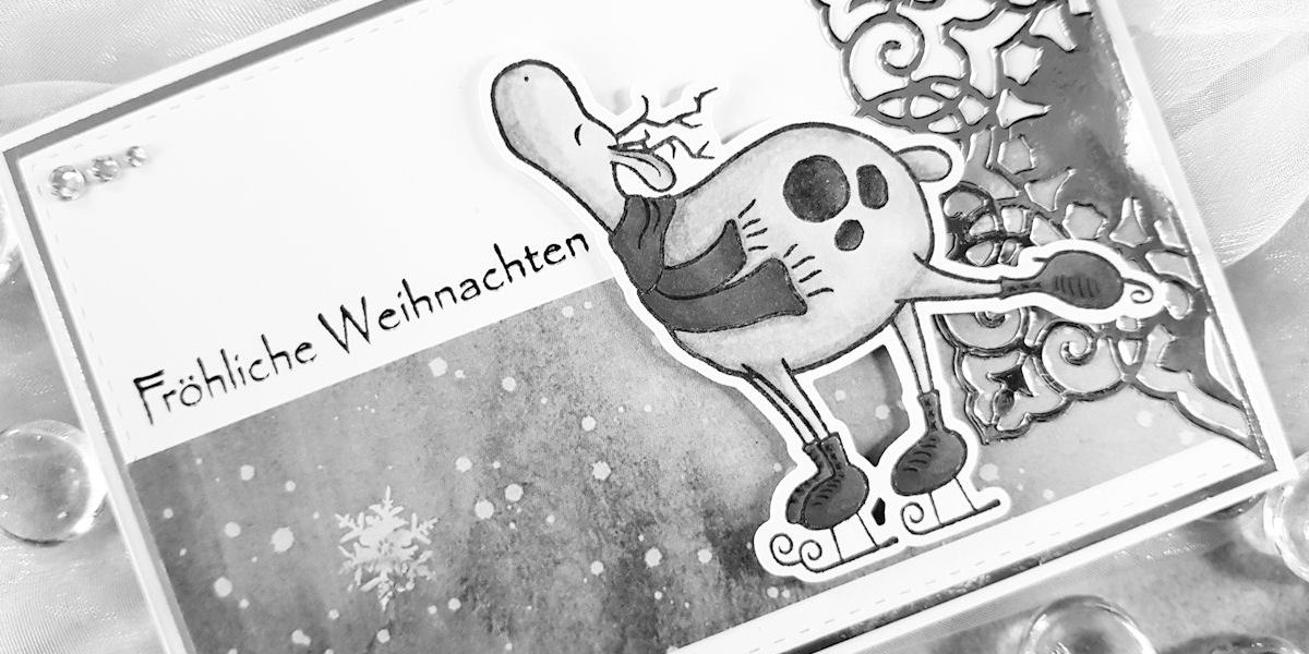 Gummiapan - Skridskoren - Schlittschuh-Rentier - Joy!Crafts - Schneeflocke - Faltkarten.com - Design-Papier - Zauberwald - Spiegelglanzkarton - silber - Weihnachtskarte