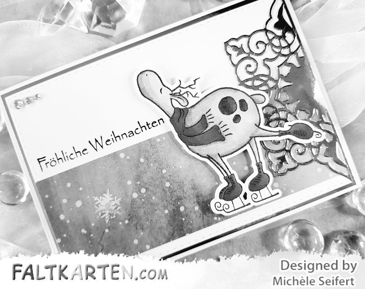Gummiapan - Skridskoren - Schlittschuh-Rentier - Joy!Crafts - Schneeflocke - Faltkarten.com - Design-Papier - Zauberwald - Spiegelglanzkarton - silber - Weihnachtskarte