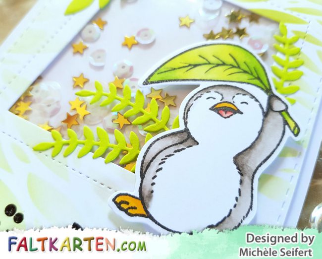 Kulricke - Felix mit Blatt - Geburtstagkarte - Schüttelkarte - Faltkarten.com - struktur frühlingsgrün - Copics