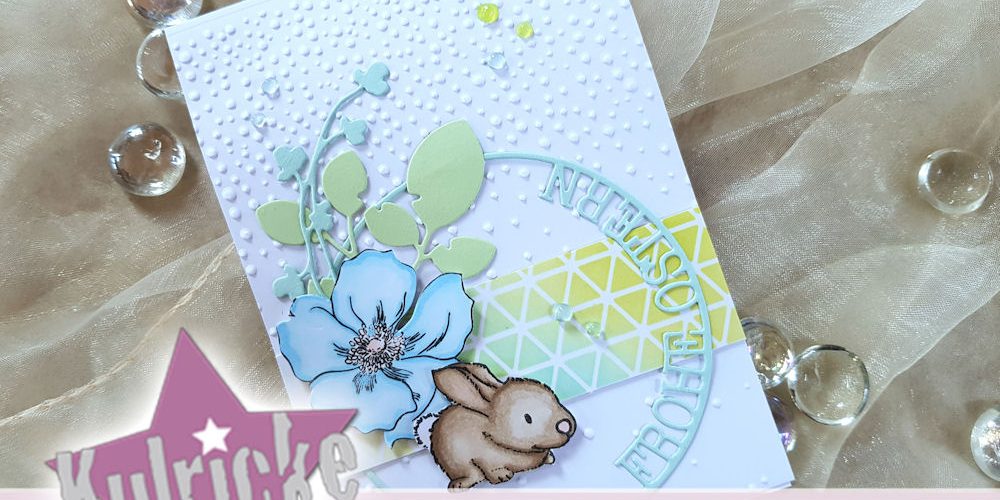 Kulricke - Hase - Frohe Ostern Kreis - Simply Graphic - branche fleurie - feuillage fendu - Altenew - Modern Anemone - Osterkarte