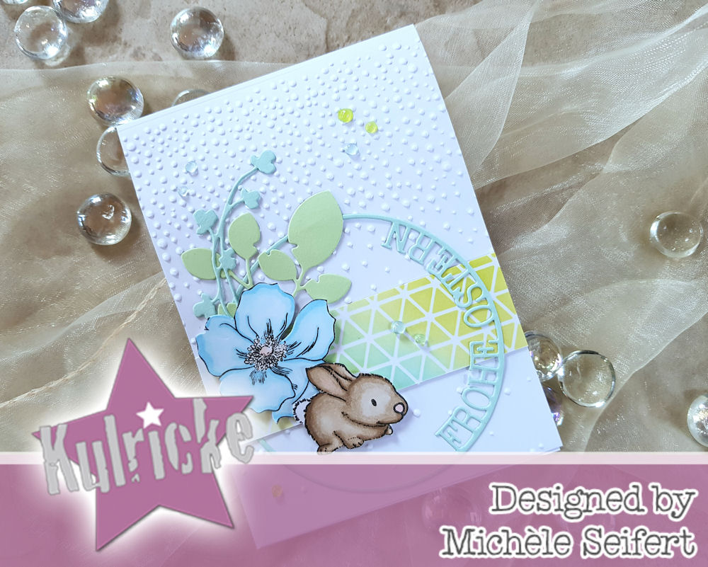 Kulricke - Hase - Frohe Ostern Kreis - Simply Graphic - branche fleurie - feuillage fendu - Altenew - Modern Anemone - Osterkarte