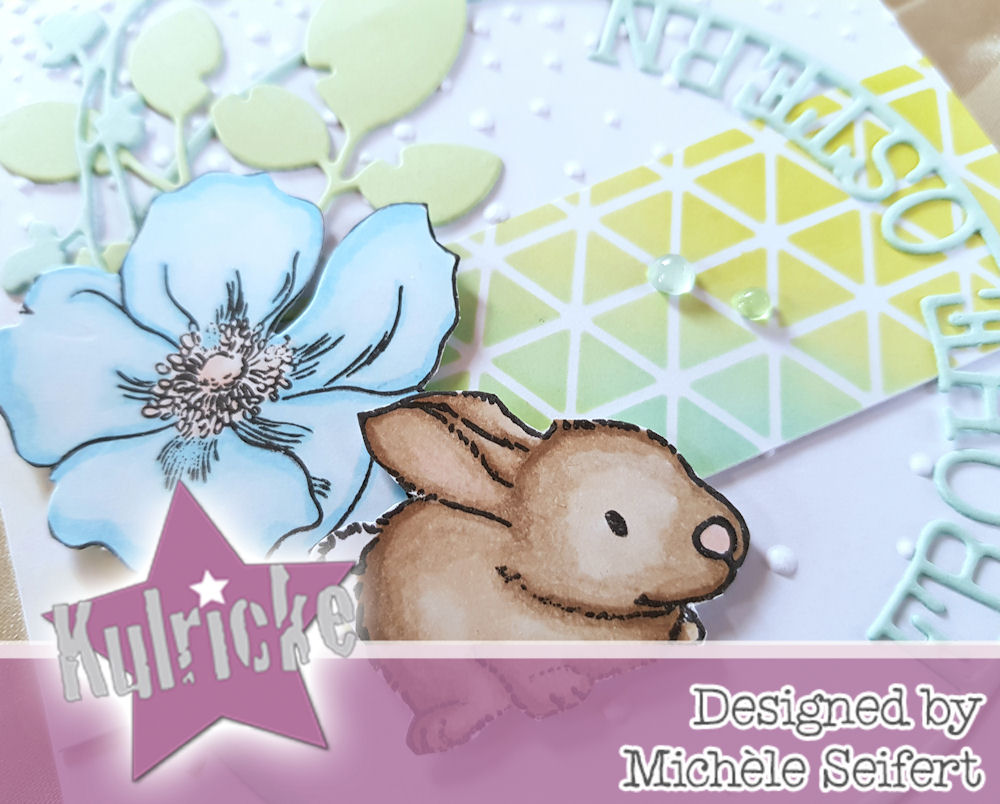 Kulricke - Hase - Frohe Ostern Kreis - Simply Graphic - branche fleurie - feuillage fendu - Altenew - Modern Anemone - Osterkarte