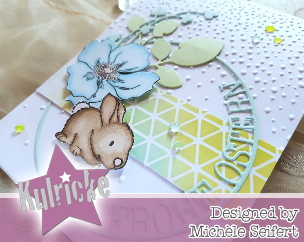 Kulricke - Hase - Frohe Ostern Kreis - Simply Graphic - branche fleurie - feuillage fendu - Altenew - Modern Anemone - Osterkarte