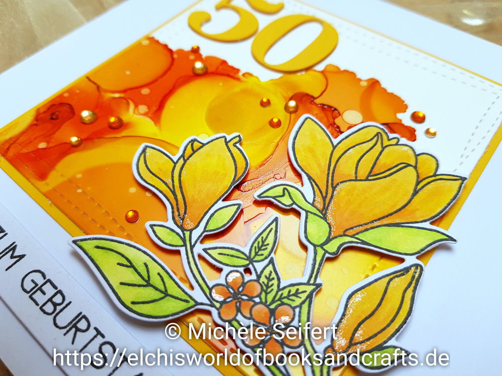 My Favorite Things - MFT - Floral Focus - Alcohol Inks - Sunshine Yellow - Sunset Orange - Valencia - Geburtstagskarte