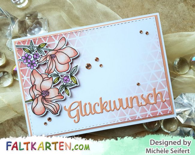 MFT – Floral Focus – Coral – Wasserzeichen 1 – 1000 My Favorite Things - MFT - Floral Focus - Geometric Grid - Stencil - Distress Oxide - Abandoned Coral - Victorian Velvet - Faltkarten.com - struktur coral - Tonic Studios - Glückwunsch - Copics - Spectrum Noir Sparkle - Grusskarte - Geburstagskarte