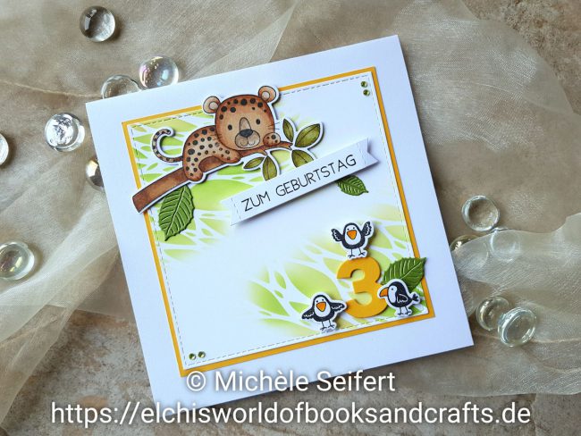 MFT – Lovable Leopards – Wasserzeichen 1 – 1200 My Favorite Things - MFT - Lovable Leopards - By the Numbers - 4enScrap - Feuilles de cerisier - Craft Emotions - Botanical Leaves - Distress Oxide - Mowed Lawn - Scattered Straw - Geburtstagskarte - Kindergeburtstag