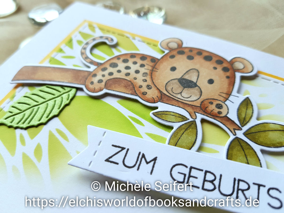 My Favorite Things - MFT - Lovable Leopards - By the Numbers - 4enScrap - Feuilles de cerisier - Craft Emotions - Botanical Leaves - Distress Oxide - Mowed Lawn - Scattered Straw - Geburtstagskarte - Kindergeburtstag