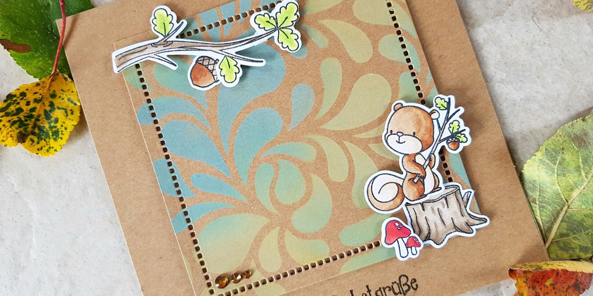 My Favorite Things - MFT - Squirrel - Eichhörnchen - JM Creation - Herbstgrüsse - Altenew - Stencil - Flowing Drops - Distress Oxide - Copics - Herbstkarte