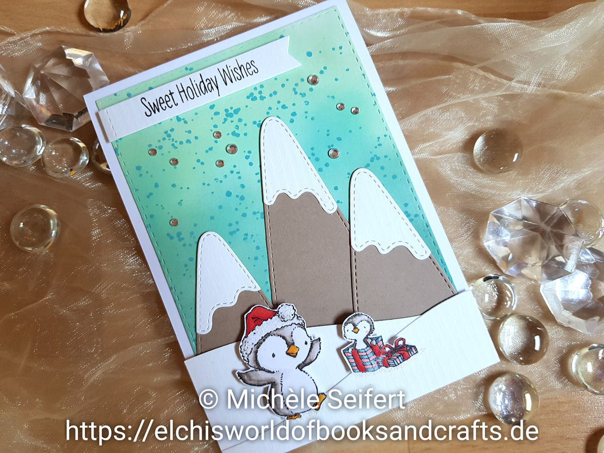 My Favorite Things - MFT - Sweet Holiday Penguins - Snow Capped Mountains - Splatter Brush - Distress Oxide - Copics - Winter - Weihnachten