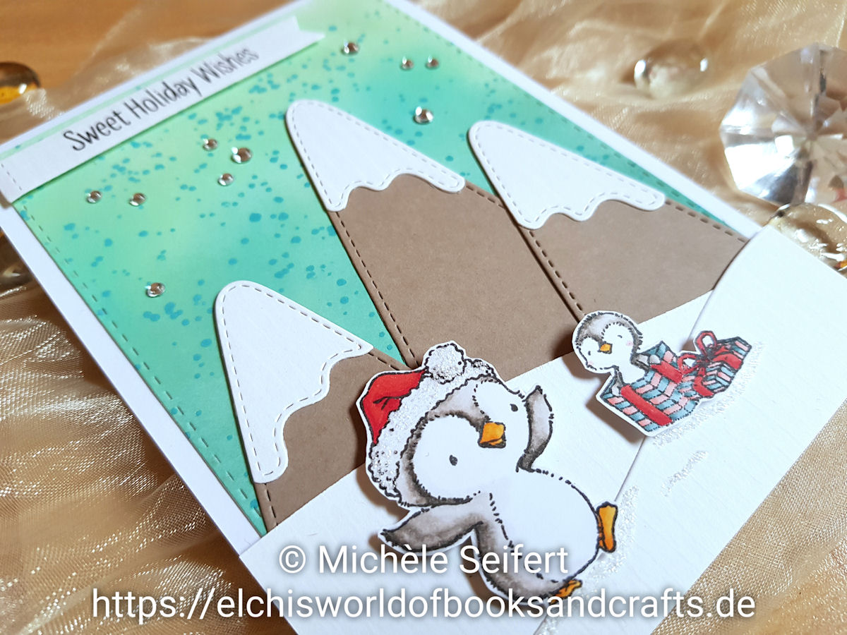 My Favorite Things - MFT - Sweet Holiday Penguins - Snow Capped Mountains - Splatter Brush - Distress Oxide - Copics - Winter - Weihnachten