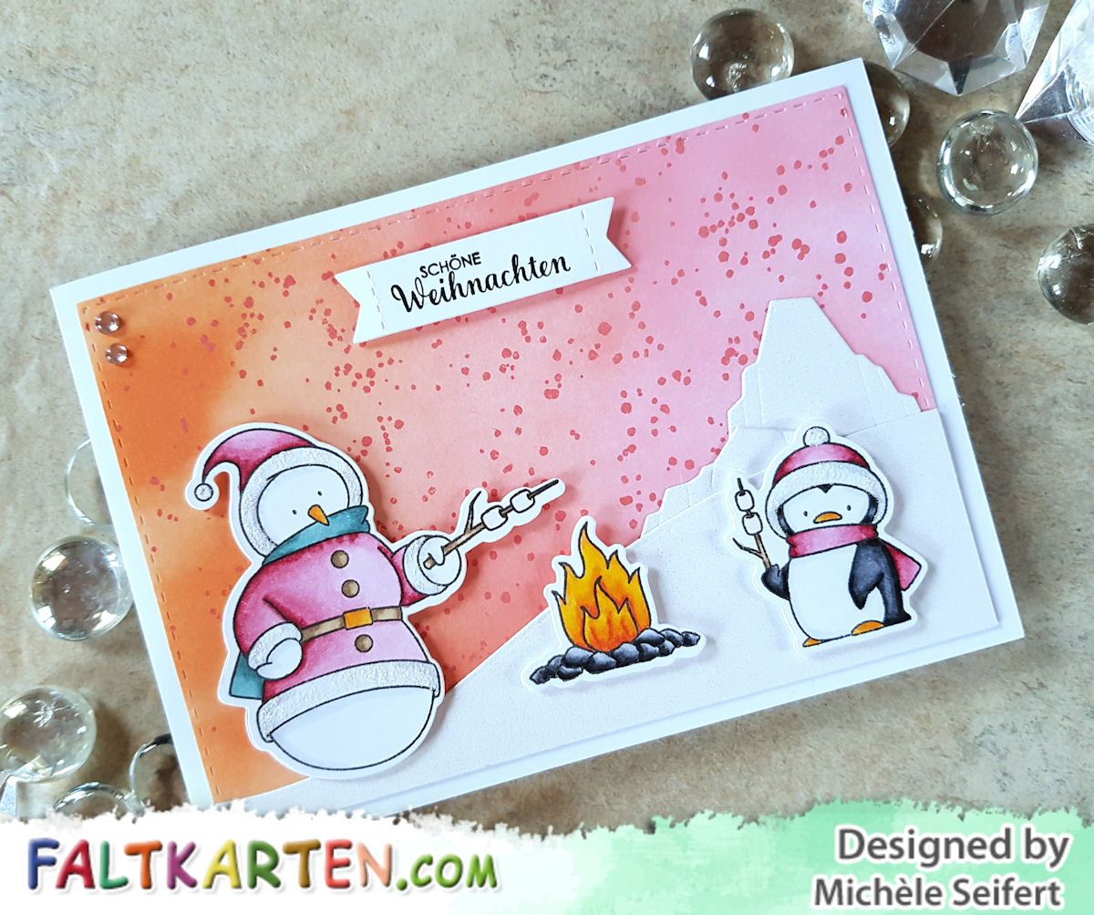 My Favorite Things - MFT - Toasty Greetings - Icebergs - Snowman - Penguin - Copics - Distress Oxide - Winter - Weihnachten - Karte - Faltkarten.com - Perlmutt Schimmer