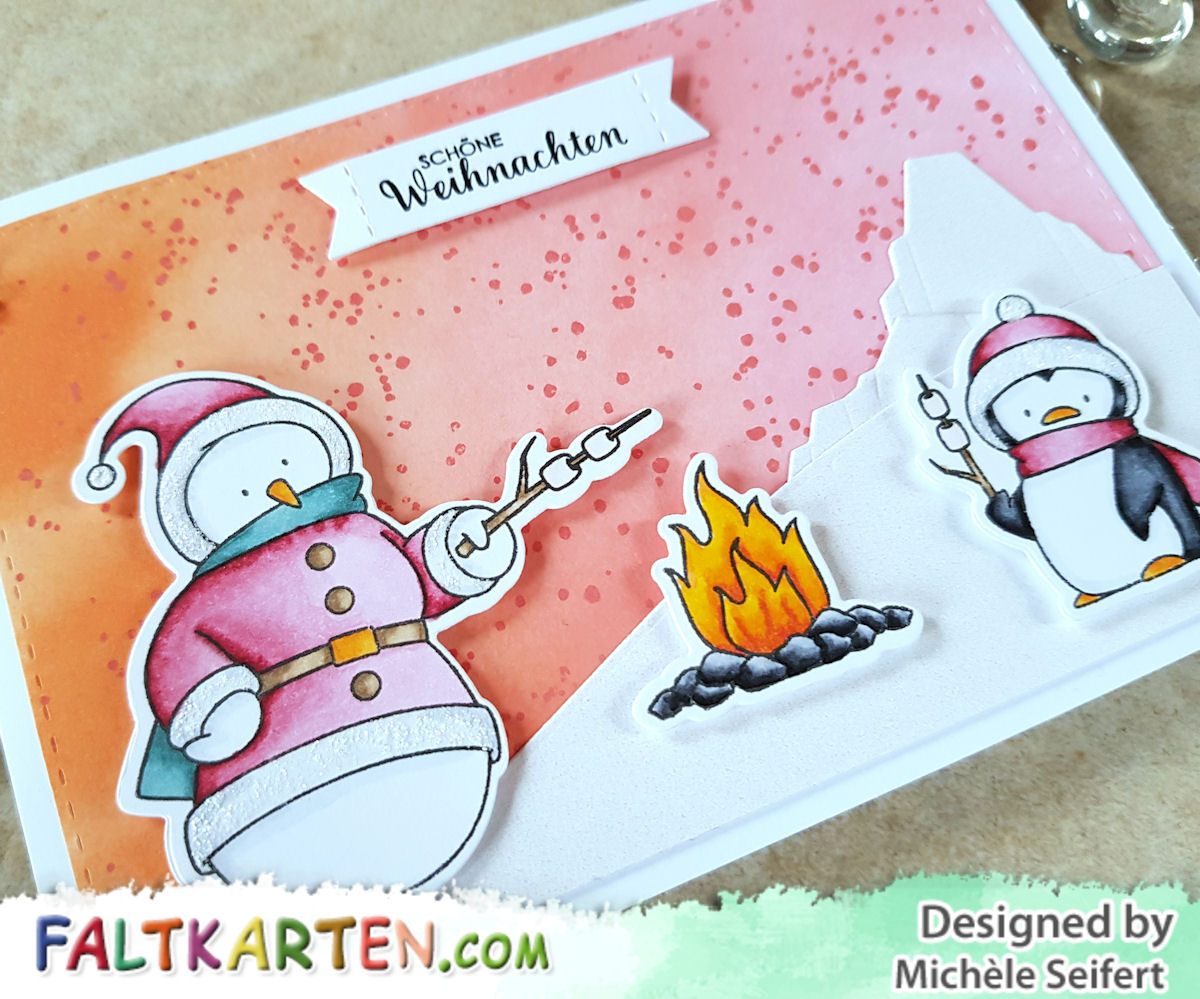 My Favorite Things - MFT - Toasty Greetings - Icebergs - Snowman - Penguin - Copics - Distress Oxide - Winter - Weihnachten - Karte - Faltkarten.com - Perlmutt Schimmer