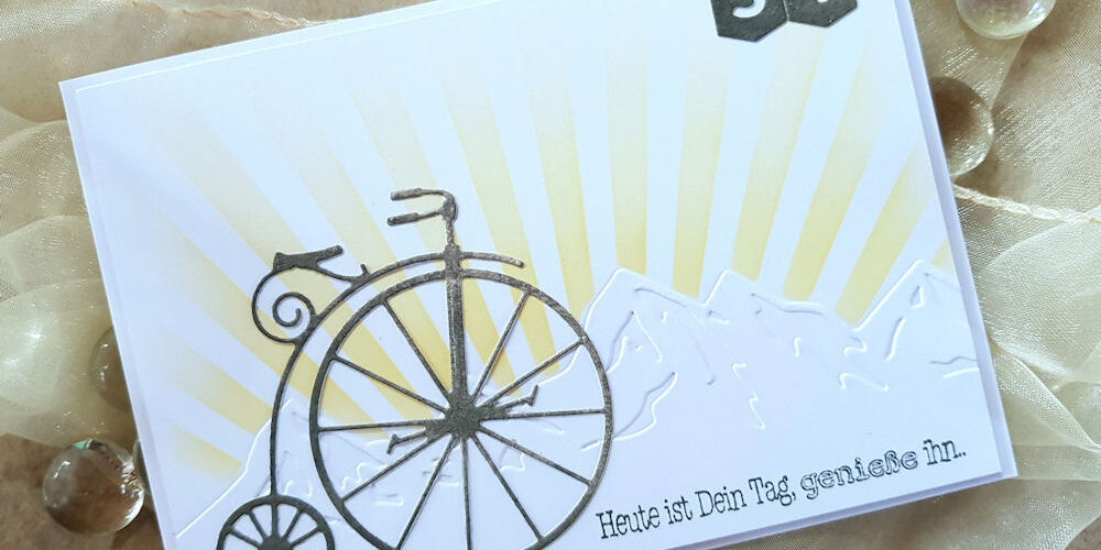 Radtour Thomas – Wasserzeichen 1 – 1000 Memory Box - Vintage Bicycle - MFT - Ray of Light - Alexandra Renke - Berglandschaft - Geburtstagskarte - Birthdaycard - Männer - Radtour