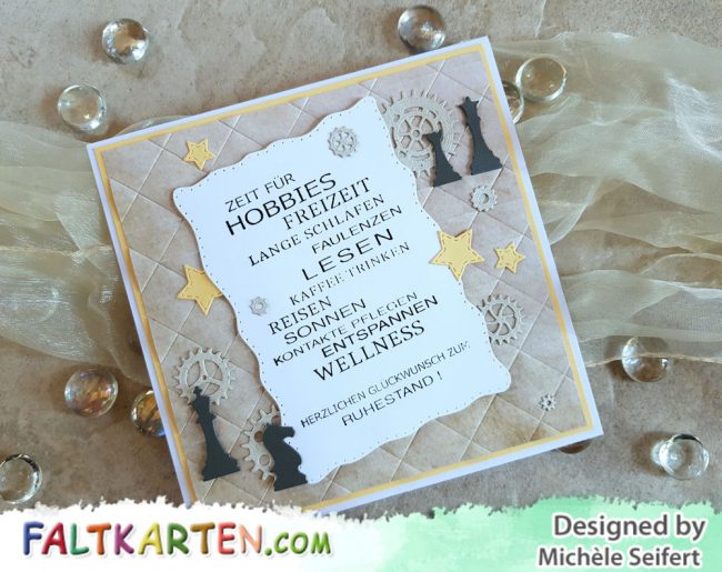 Rentenkarte – Steffis Papa – Wasserzeichen 1 – 1000 Rentenkarte - Karte zum Ruhestand - Männerkarte - Whimsy Stamps Shapeology Wavy Pierced Rectangles - Memory Box - Antique Gear Set - Mini Gears - Checkmate - We R Memory Keepers Geometric