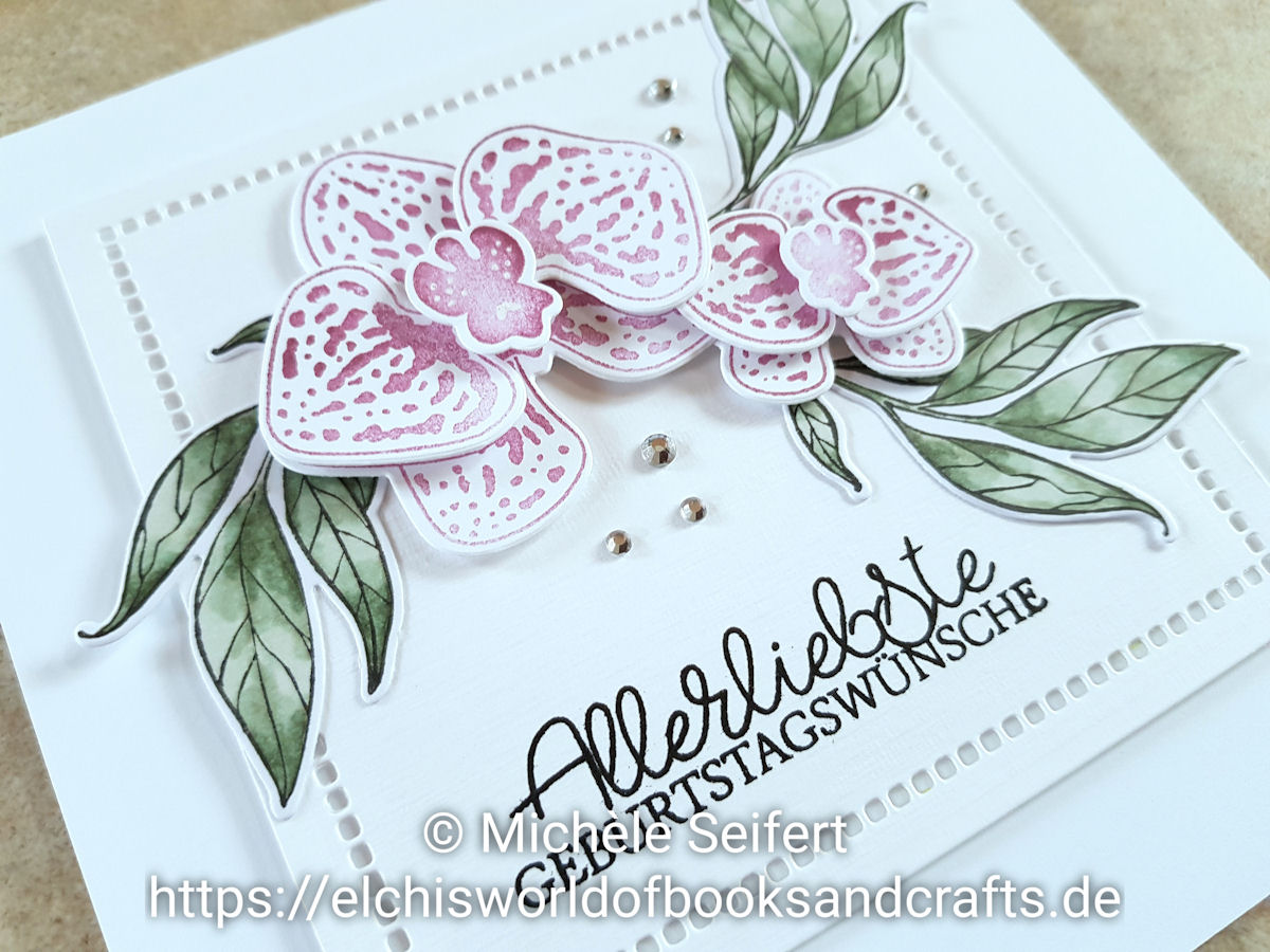 Stampin' Up! - SU - Orchidee - Orchideenzweig - Orchideenblueten - Grund zum Laecheln - Bluetenromantik - Creative Depot - Geschwungene Gruesse - Copics - Geburtstagskarte