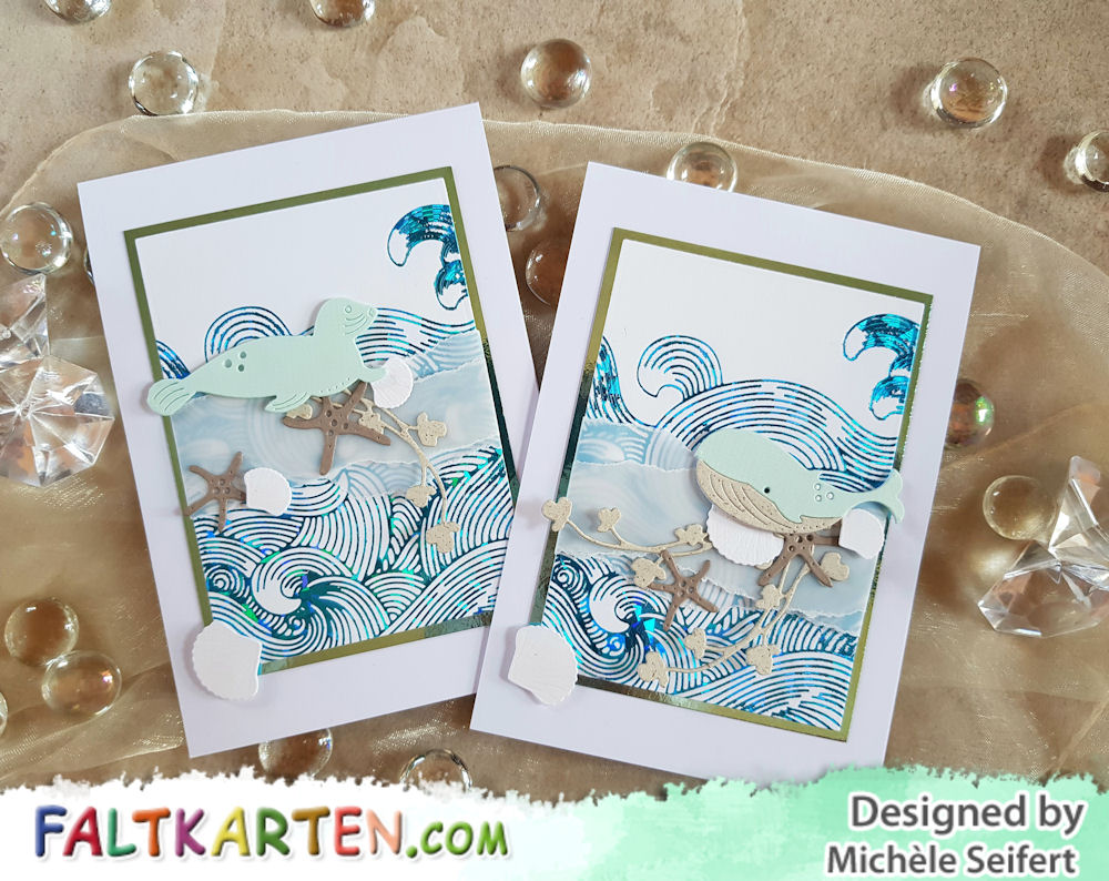 Simply Graphic - Phoque - Baleine - Branche Fleurie - 4enScrap - Corail + Cie - Memory Box - Seaside Treasures - Couture Creations - Hotfoil - Swirling Seas - Cyan Iridescent Triangular Pattern Foil - Grußkarte - Maritim