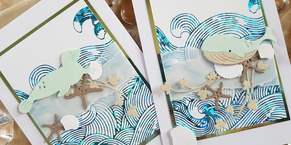 Simply Graphic – Wal – Seehund Hotfoil – Wasserzeichen 2 – 1000 Simply Graphic - Phoque - Baleine - Branche Fleurie - 4enScrap - Corail + Cie - Memory Box - Seaside Treasures - Couture Creations - Hotfoil - Swirling Seas - Cyan Iridescent Triangular Pattern Foil - Grußkarte - Maritim