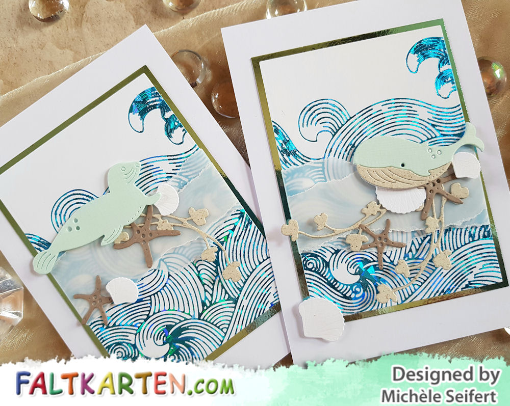 Simply Graphic - Phoque - Baleine - Branche Fleurie - 4enScrap - Corail + Cie - Memory Box - Seaside Treasures - Couture Creations - Hotfoil - Swirling Seas - Cyan Iridescent Triangular Pattern Foil - Grußkarte - Maritim