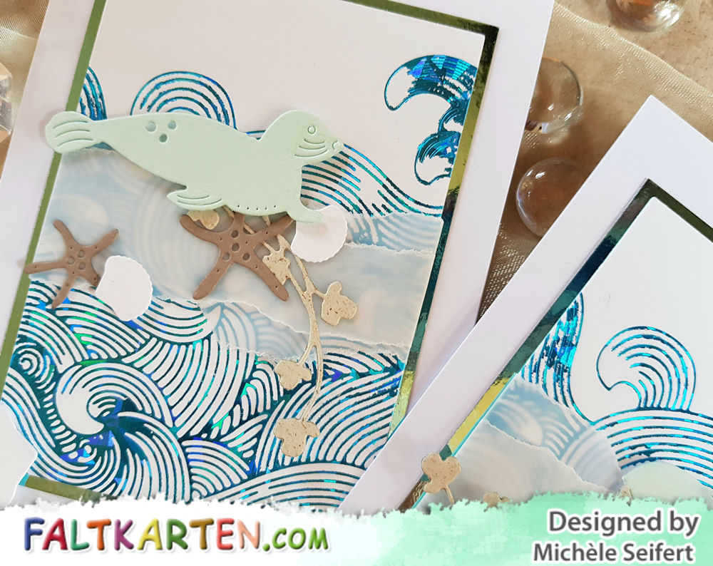 Simply Graphic - Phoque - Baleine - Branche Fleurie - 4enScrap - Corail + Cie - Memory Box - Seaside Treasures - Couture Creations - Hotfoil - Swirling Seas - Cyan Iridescent Triangular Pattern Foil - Grußkarte - Maritim