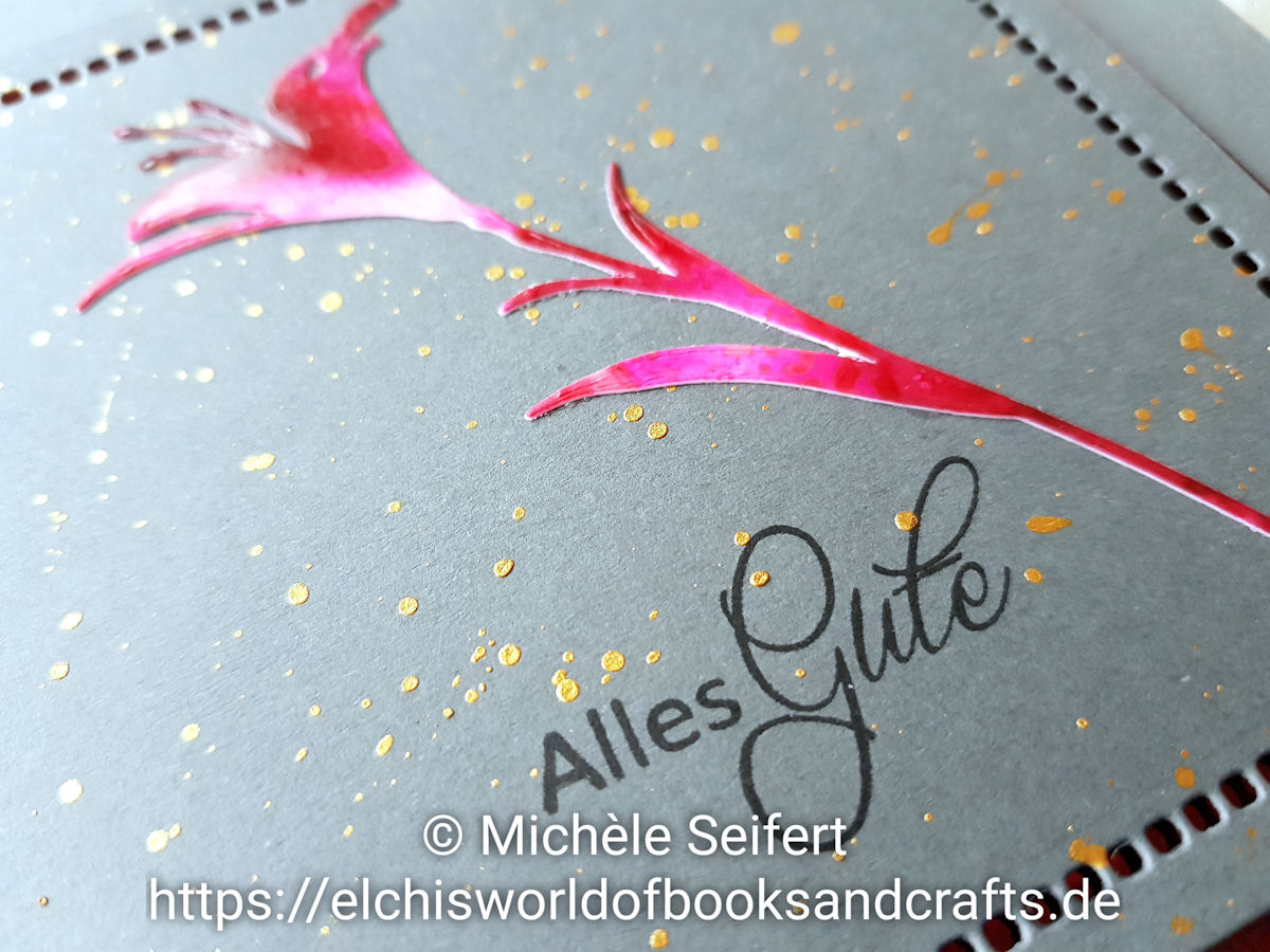 Sizzix - Tim Holtz - Wildflower Stems - Alcohol Inks - Cranberry - Flamingo - Shell Pink - Steckenpferdchen - Alles Gute - Coliro Pearlcolors - Tibet Gold - Grußkarte