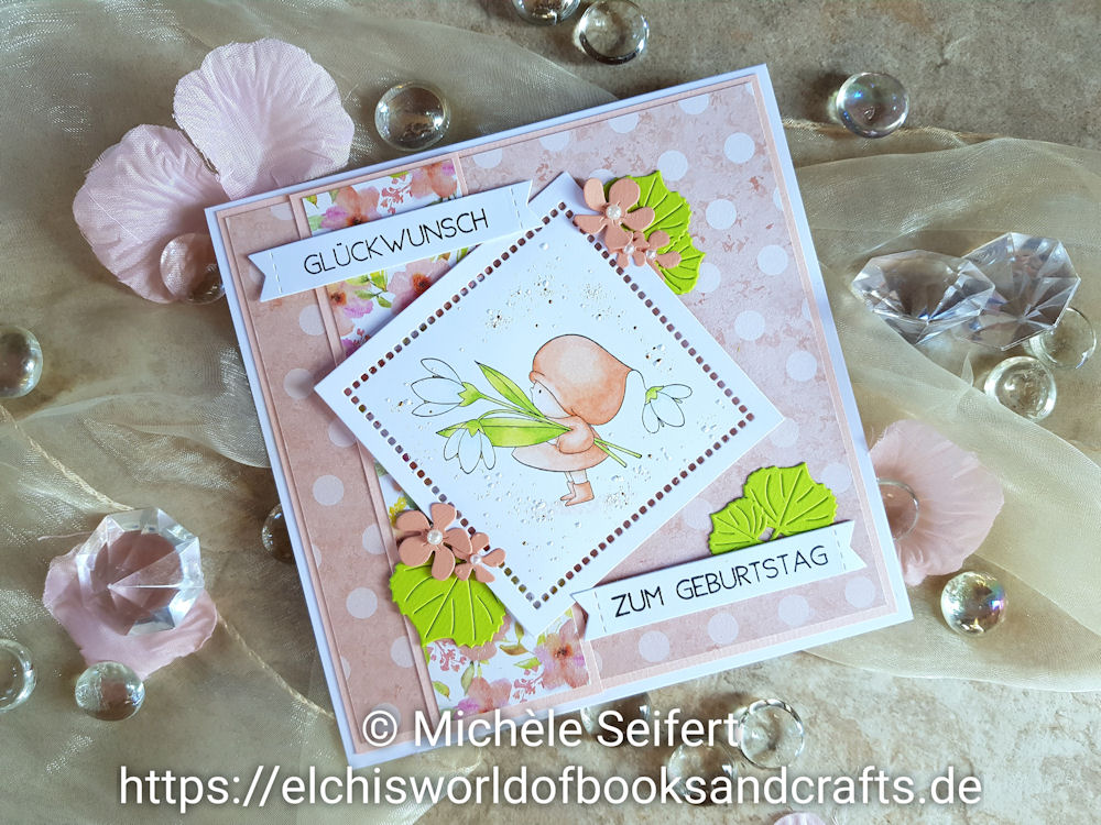 Stamping Bella - Bundle Girl with a Snowdrop - Wasserzeichen 1 - 1000 Stamping Bella - Bundle Girl with a Snowdrop - 4enScrap - Feuilles d'automne - Feuilles exotiques - Copics - Geburtstagskarte - Birthdaycard