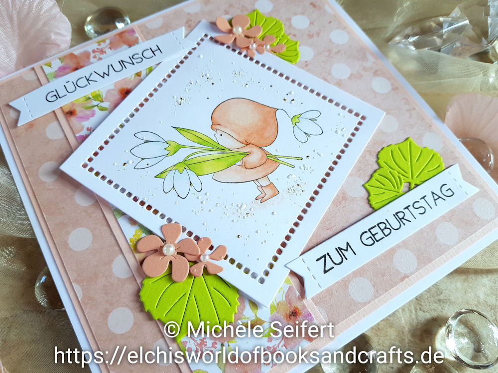 Stamping Bella - Bundle Girl with a Snowdrop - Wasserzeichen 3 - 1000 Stamping Bella - Bundle Girl with a Snowdrop - 4enScrap - Feuilles d'automne - Feuilles exotiques - Copics - Geburtstagskarte - Birthdaycard