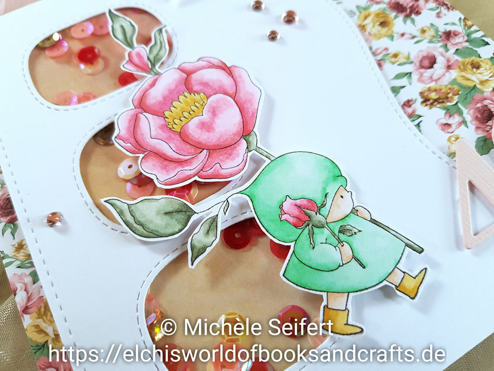 Stamping Bella - Bundle Girl with a Rose - Die-Namics - Stitched Triple Peek-a-Boo Window - Copics - Geburtstagskarte