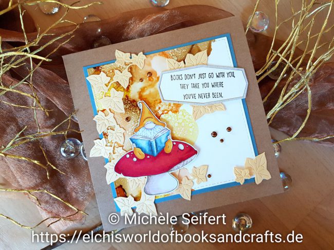 Stamping Bella – Reading Gnome – Wasserzeichen 1 – 1000 Stamping Bella - Rading Gnome - Mes P'Tits Ciseaux - Lierre - Efeuranke - Copics - Alcohol Inks - Latte - Sandal - Lemonade - Peach Bellini - 4enScrap - Cadres #7 - Grusskarte