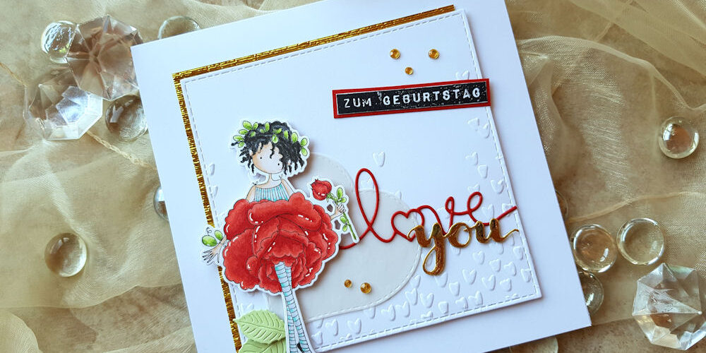 Stamping Bella Tiny Townie Garden Girl Rose - Kartenkunst - Labelmaker zum Geburtstag - 4enScrap Feuilles de Cerisier - Create A Smile You Twice - Geburtstagskarte