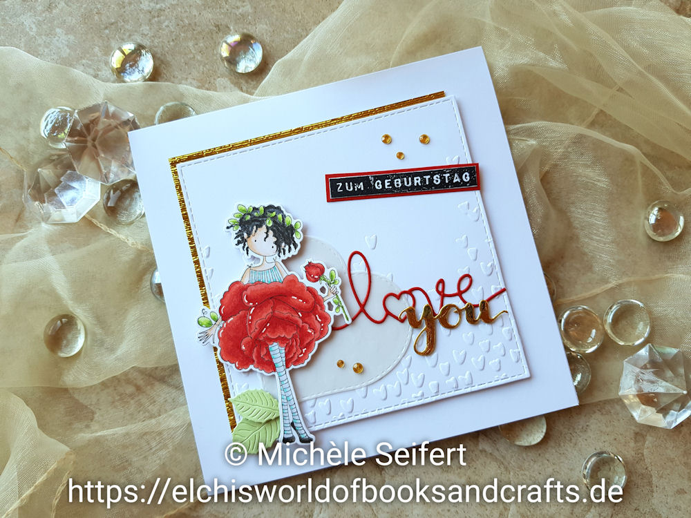 Stamping Bella Tiny Townie Garden Girl Rose - Kartenkunst - Labelmaker zum Geburtstag - 4enScrap Feuilles de Cerisier - Create A Smile You Twice - Geburtstagskarte