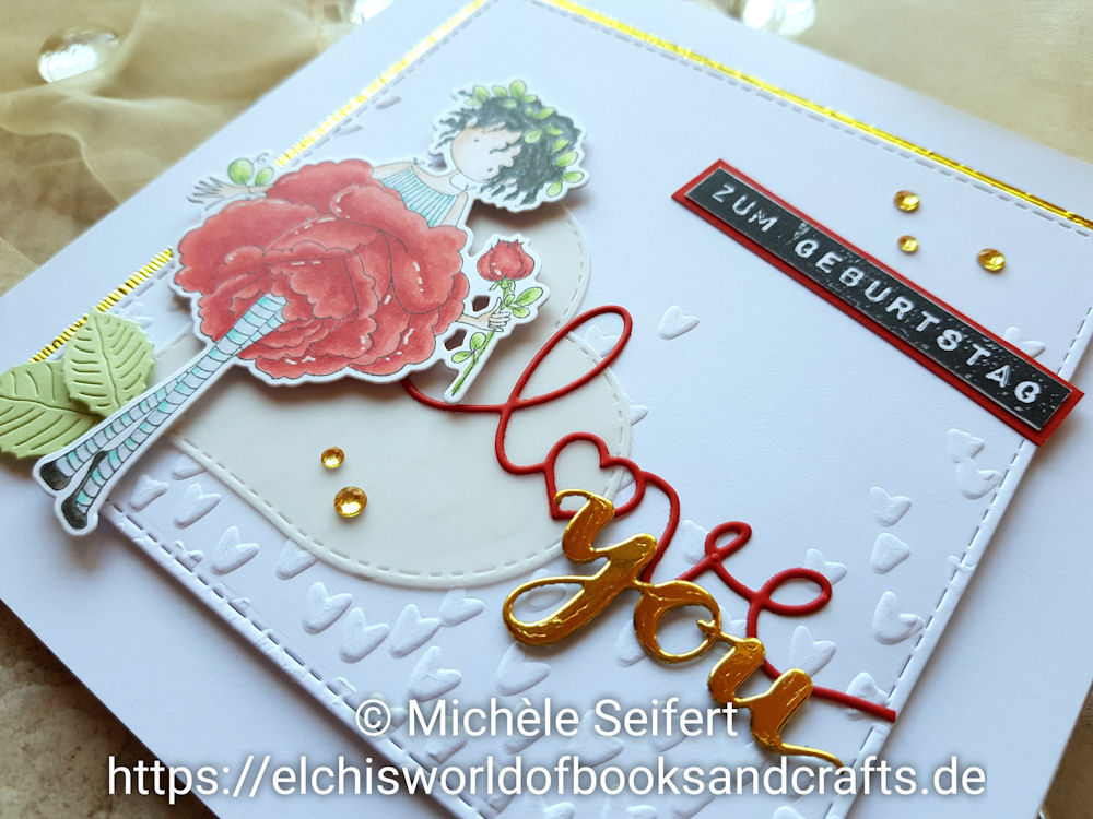 Stamping Bella Tiny Townie Garden Girl Rose - Kartenkunst - Labelmaker zum Geburtstag - 4enScrap Feuilles de Cerisier - Create A Smile You Twice - Geburtstagskarte