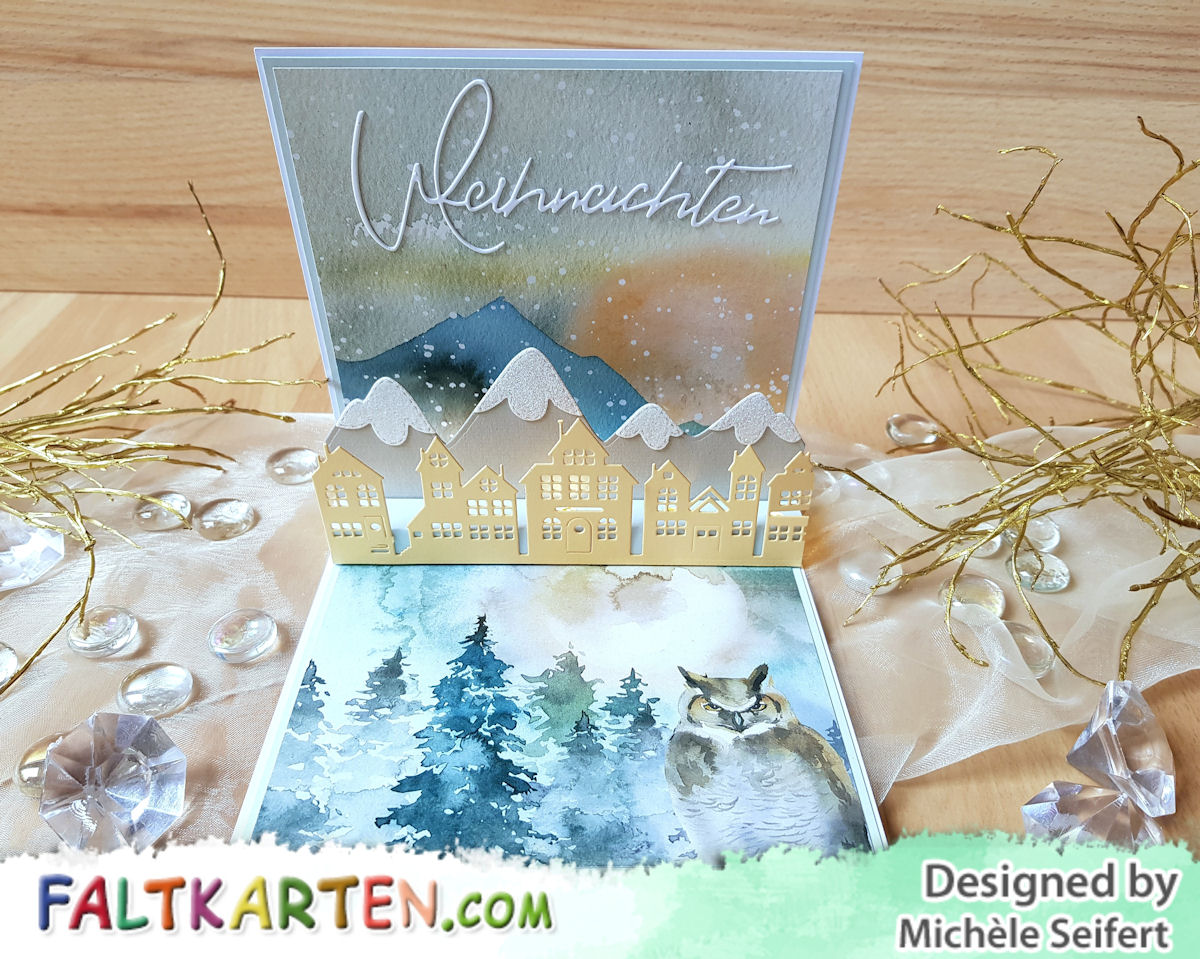 Faltkarten.com - Design-Papier - Zauberwald - Creative Depot - Häuserreihe - Weihnachten - Lichterkarte - Interactive Card